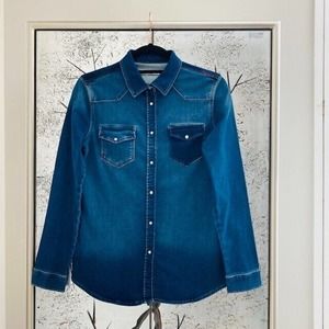 Mavi $98 Women's XS Denim Jean Button Down Collared Western Pocket Shirt Top